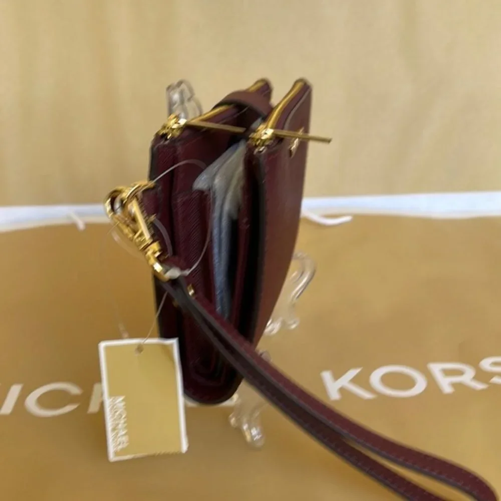Michael Kors Jet Set Travel Large Double Zip Wristlet Wallet Dark Cherry Leather